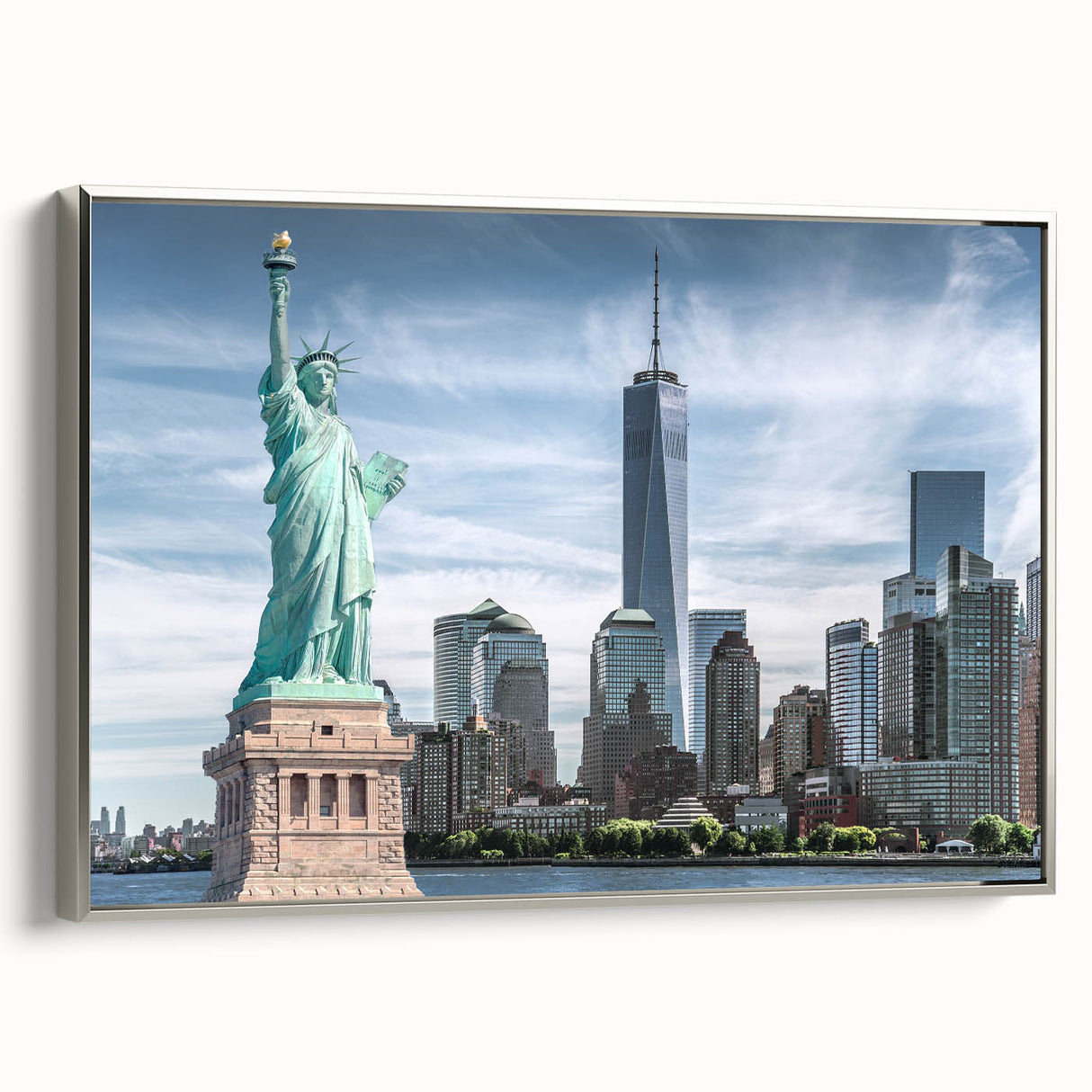 Framed canvas of the Statue of Liberty in black and colorful vintage poster art style, ideal for modern living room decor.