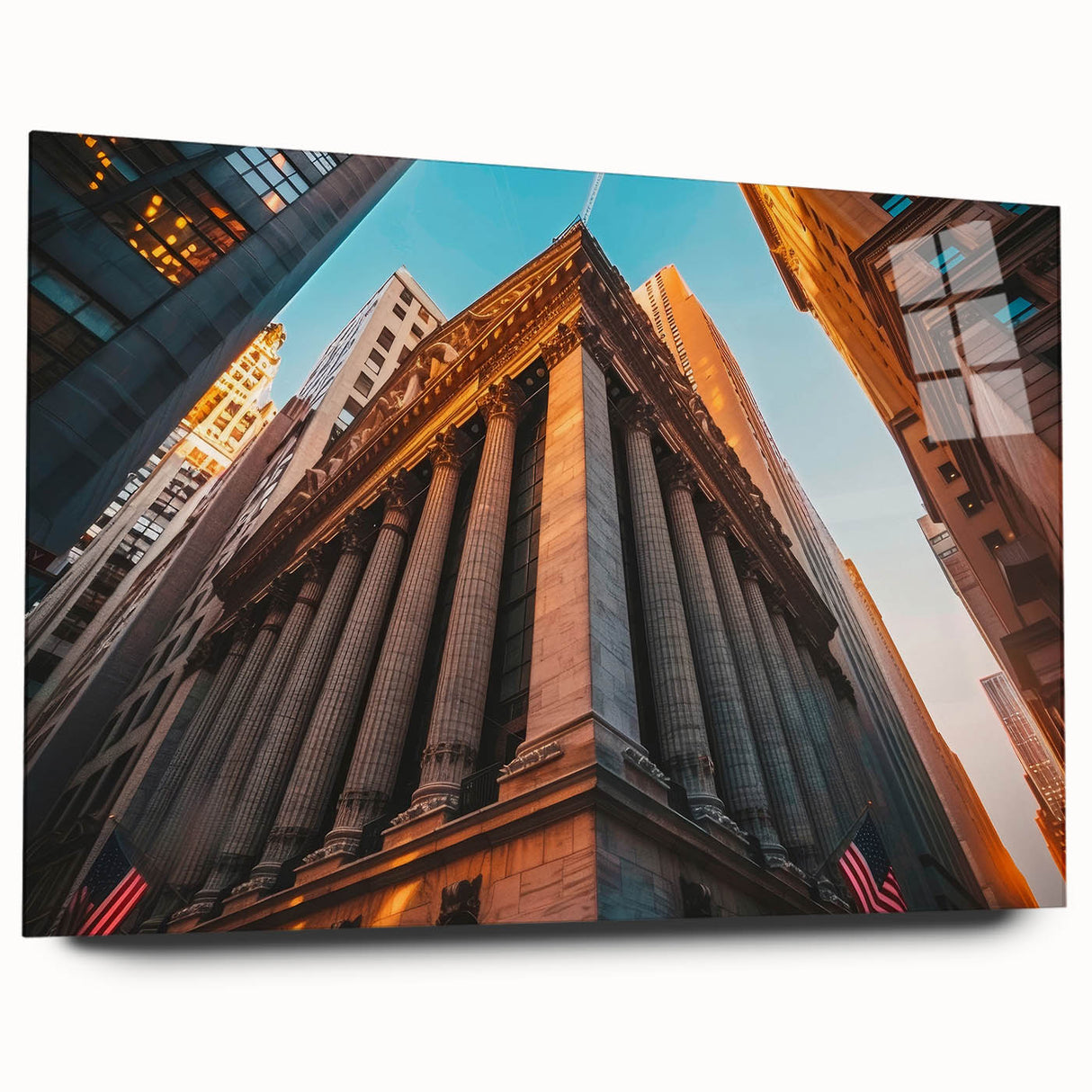 Acrylic print of a large abstract depiction of NYC in muted blue and gray tones, ideal for bedroom or dining room art.