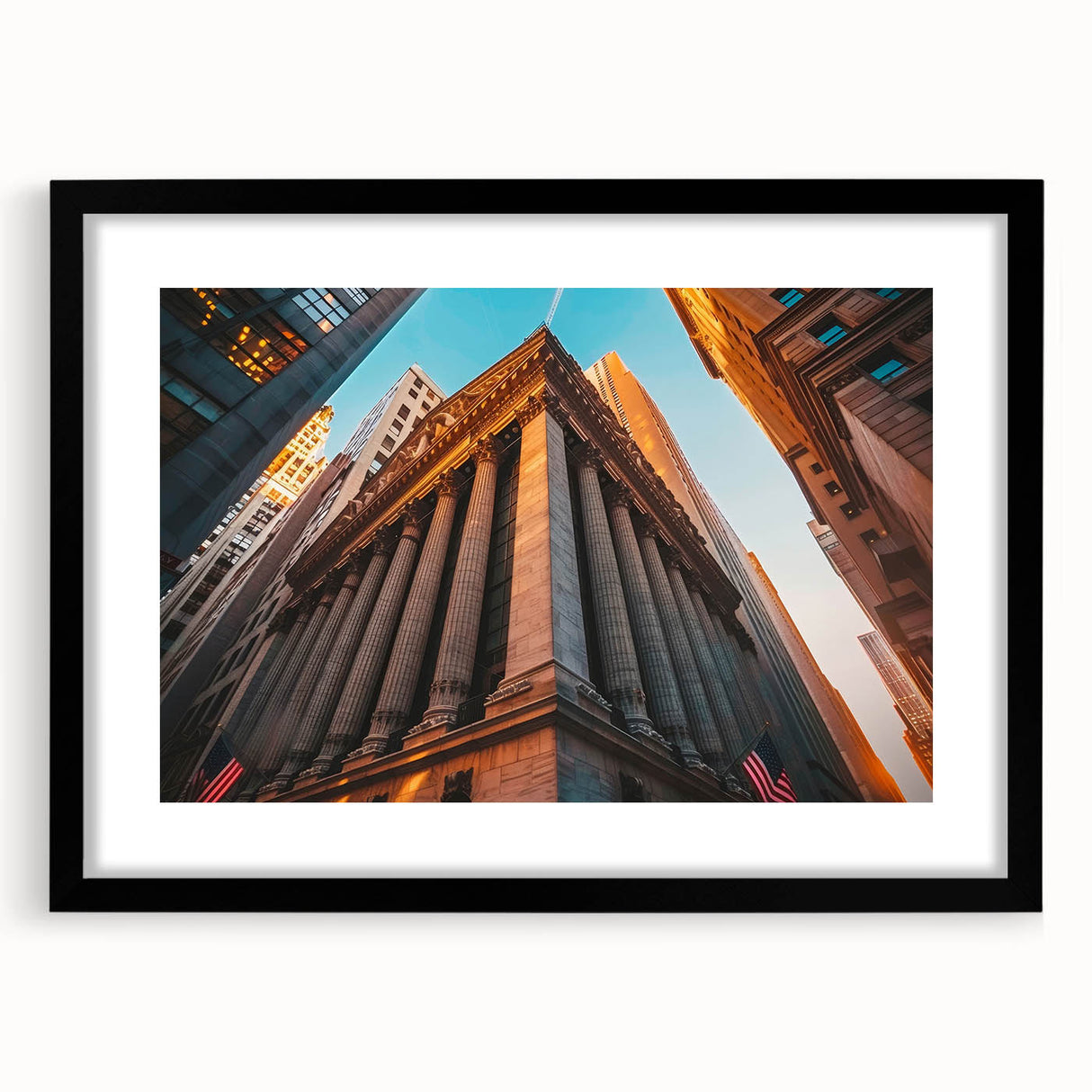 Abstract art print of New York City skyline in vibrant colors on a large textured canvas, ideal for living room decor.