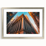 Textured art print of abstract New York City skyline in muted gray and silver tones, framed with a silver mat.