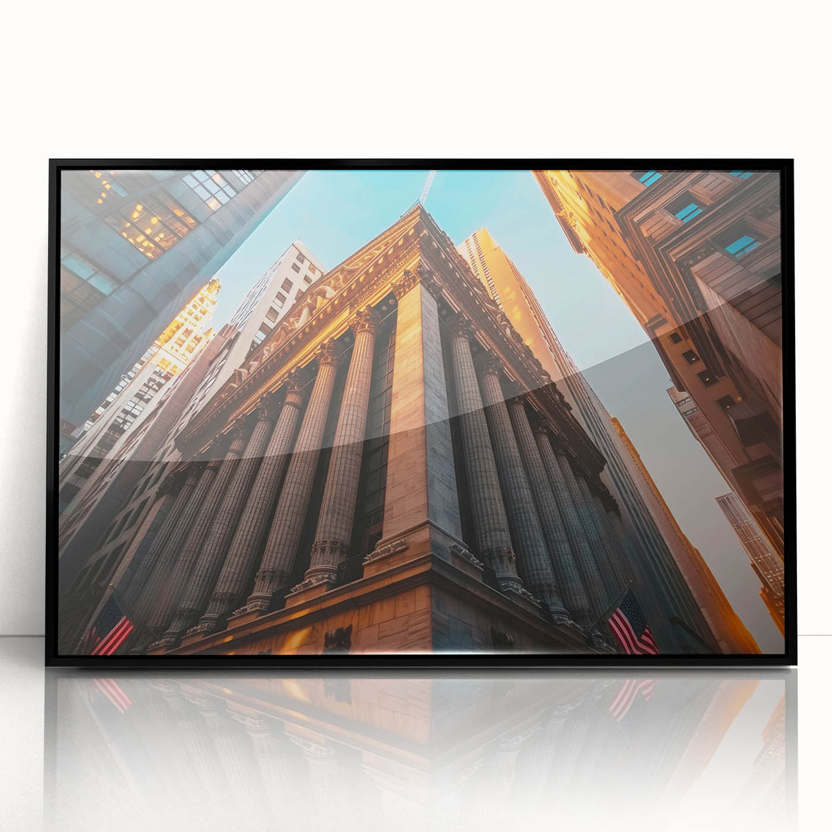 Large abstract wall art of NYC skyline in muted black and white tones on framed acrylic, ideal for modern living room decor.
