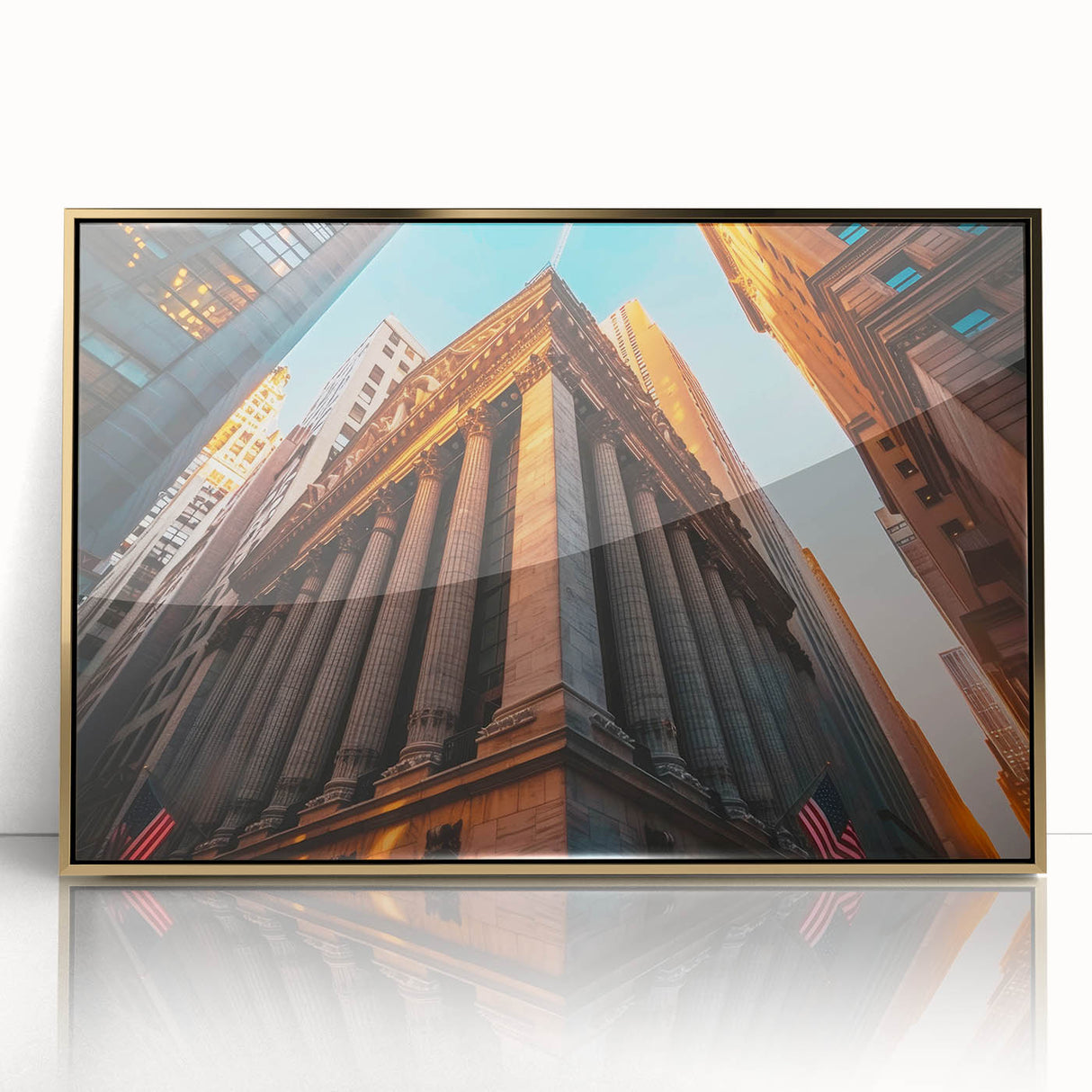 Framed acrylic print of New York City skyline in gold and black tones, ideal for modern art wall decor.