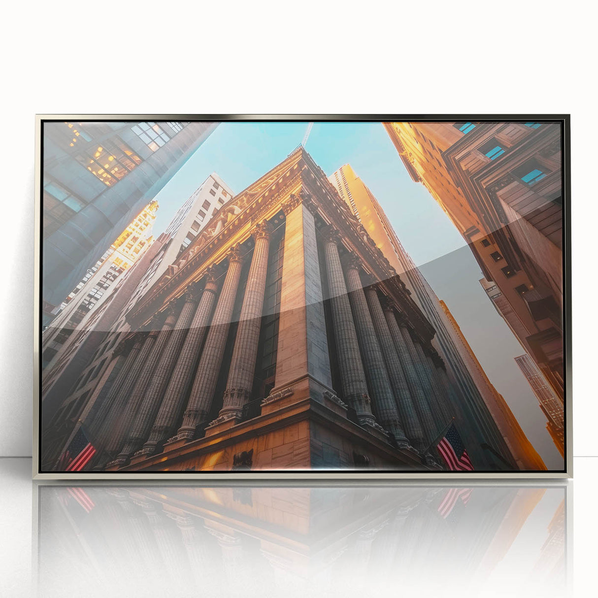 Mid-century modernist art of NYC skyline in muted silver and gray tones on acrylic, ideal for modern art wall decor.