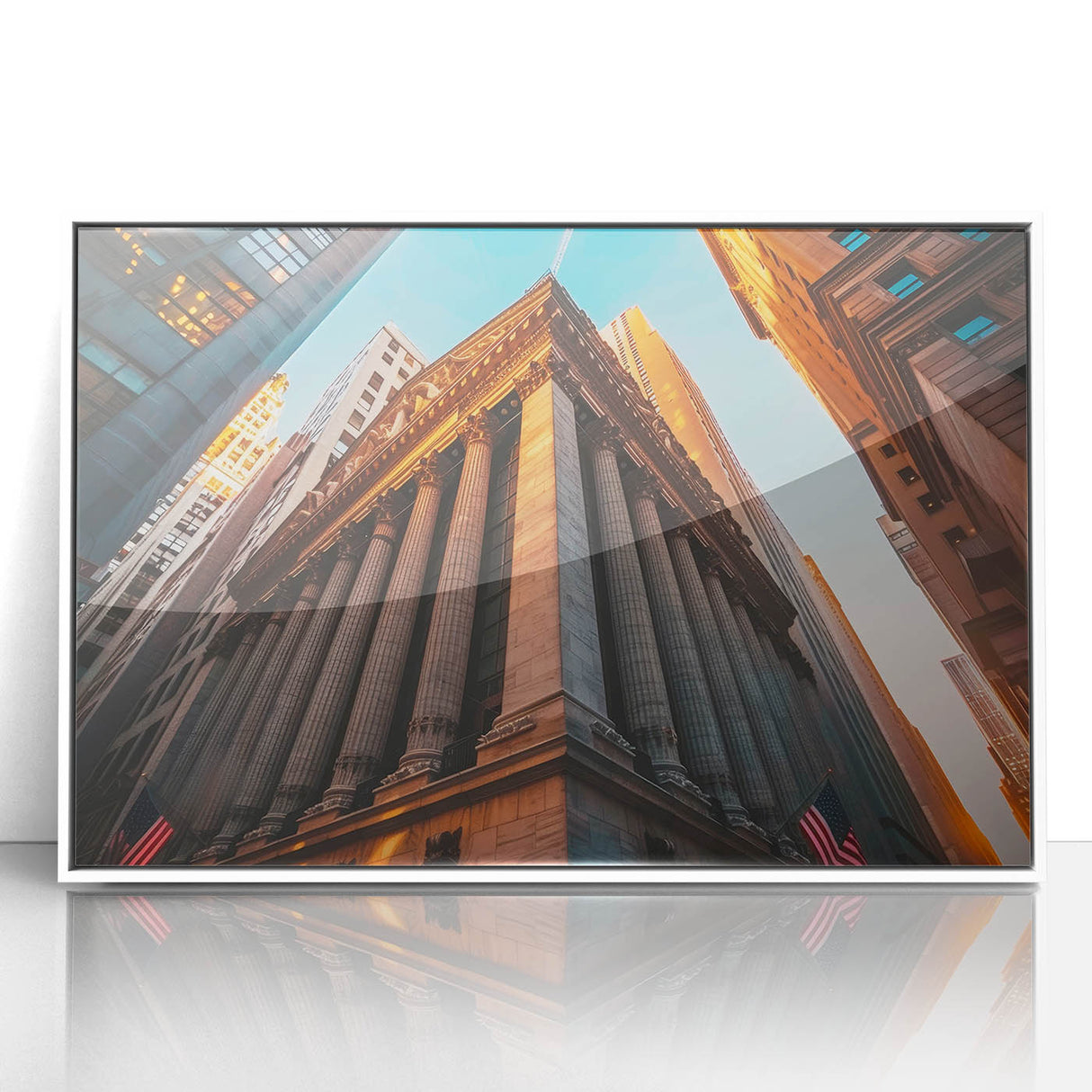 Art deco poster of New York City skyline in muted gray and blue tones on framed acrylic, ideal for modern art wall decor.