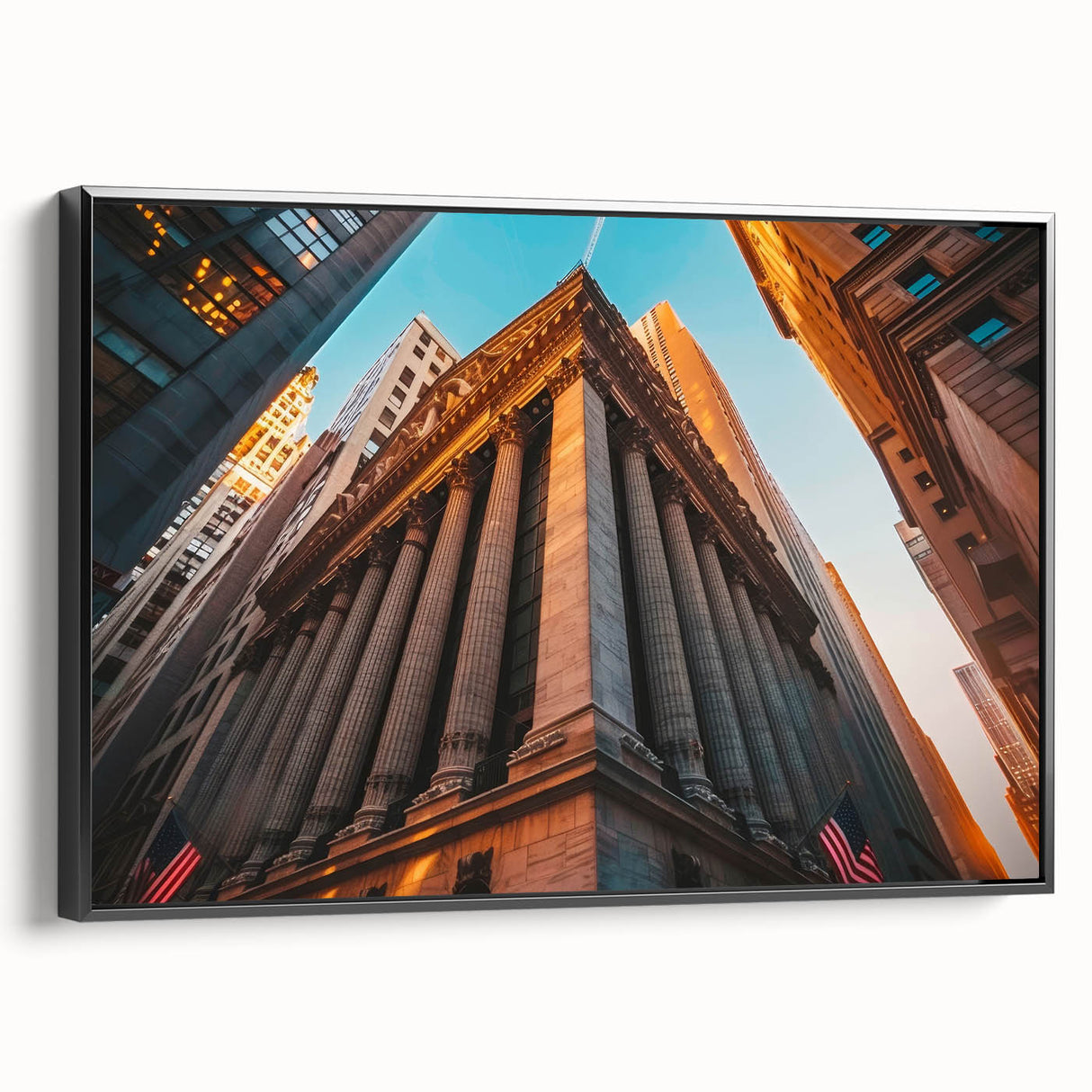 Black and white wall art featuring a vintage poster art style New York City skyline on framed canvas.