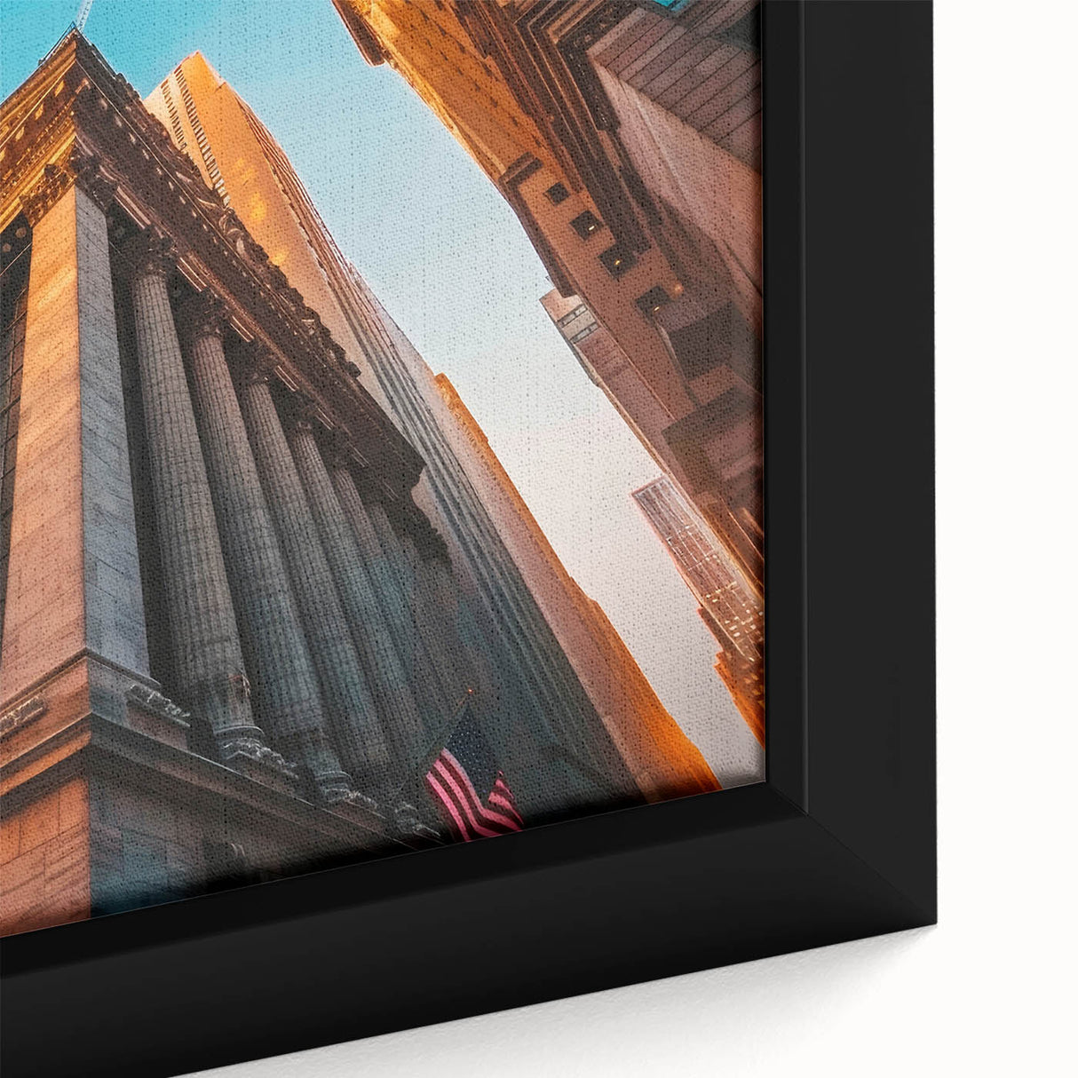Extra large framed canvas featuring a textured depiction of the NYC skyline in black with colorful highlights.