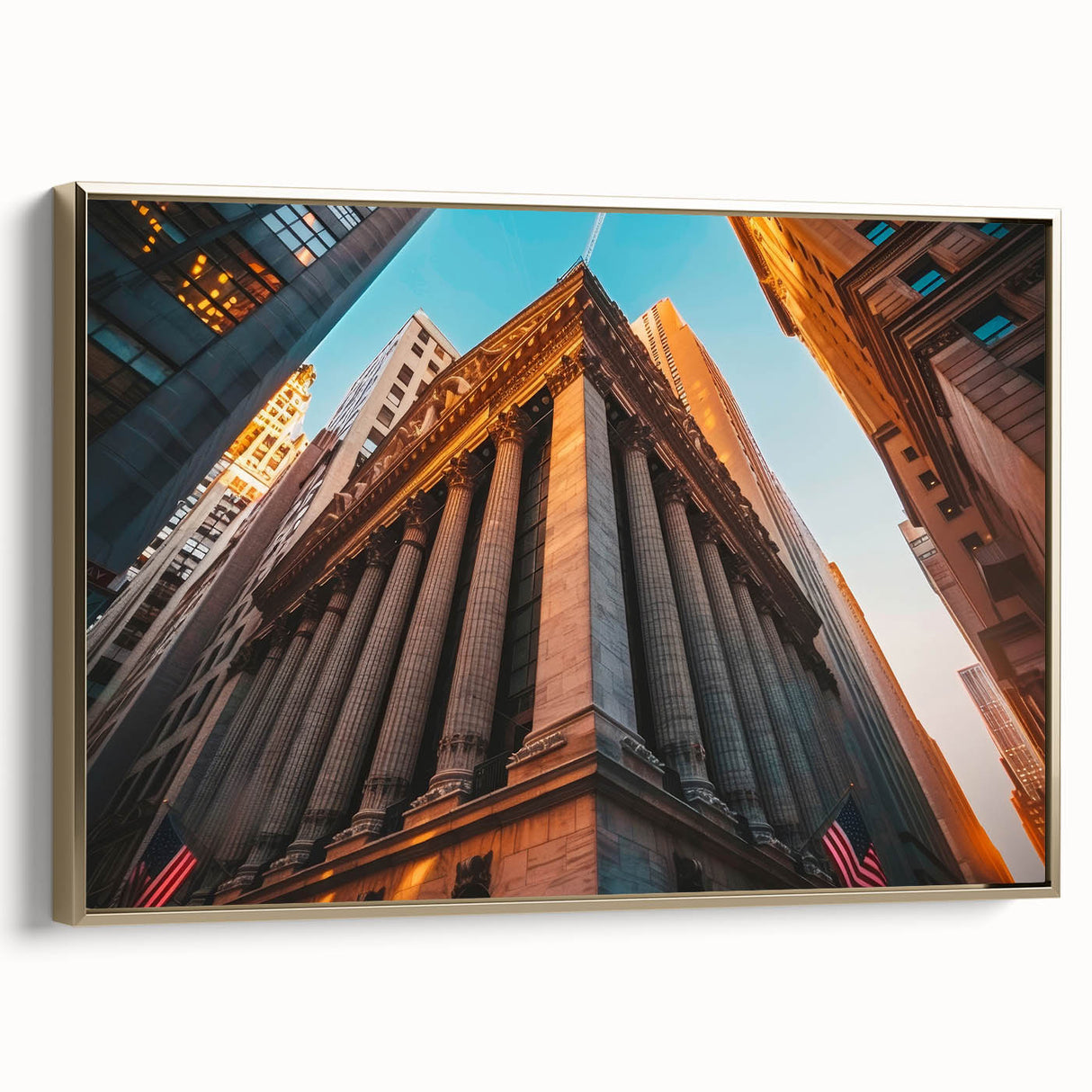Framed canvas of a vintage New York City landscape in black and gold tones, ideal for bedroom wall art.