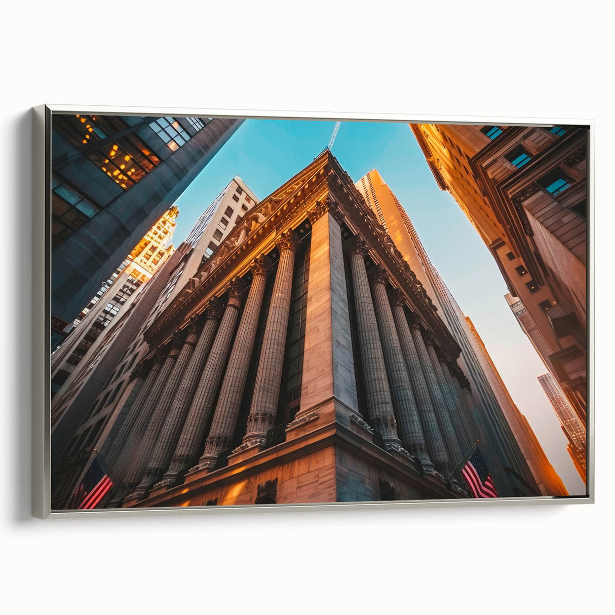 Framed canvas featuring a vintage-style New York City landscape with colorful art on a black background.