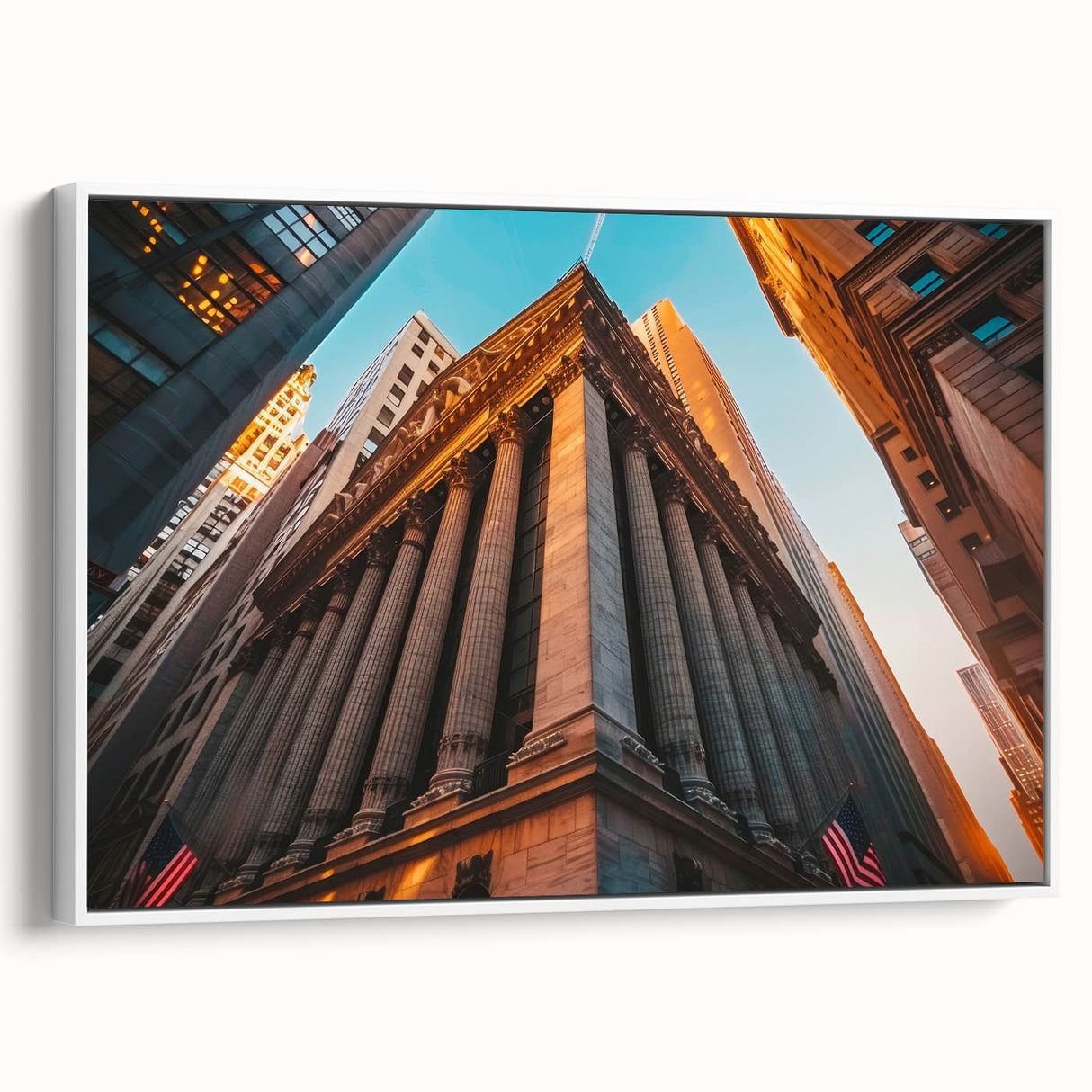 Extra large framed canvas of vintage poster art featuring a colorful New York City scene, ideal for living room decor.