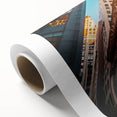 Art deco poster of New York City skyline in muted colors on rolled canvas, suitable for dining room wall art.