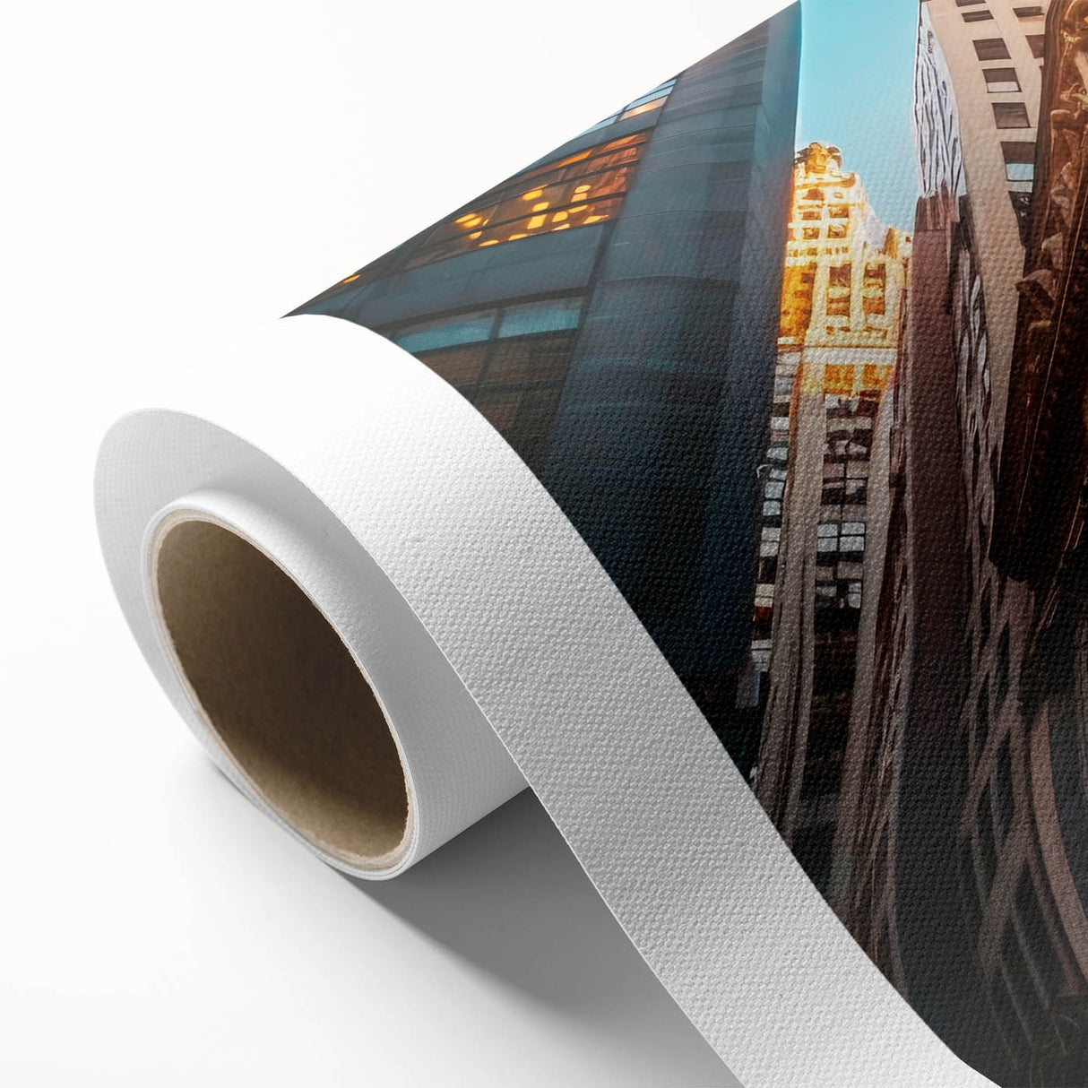 Art deco poster of New York City skyline in muted colors on rolled canvas, suitable for dining room wall art.