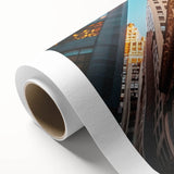 Art deco poster of New York City skyline in muted colors on rolled canvas, suitable for dining room wall art.