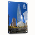 Acrylic print of New York City skyline in muted gray and blue tones, ideal for bedroom or dining room decor.