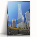 Mid-century modernist art of NYC skyline in muted grays and blues on framed acrylic, ideal for modern art wall decor.
