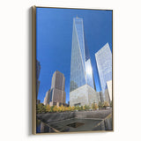 Framed canvas featuring a black and gold vintage poster of the NYC skyline, ideal for bedroom wall art.
