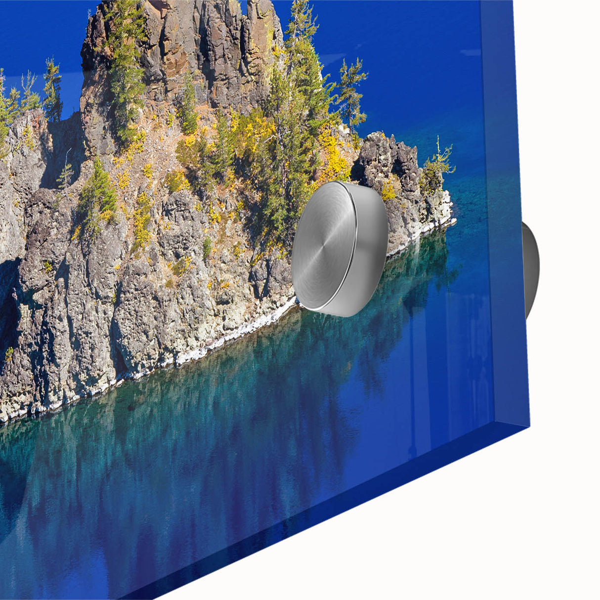 Mid-century modernist style depiction of Crater Lake in muted blue tones on large acrylic glass, ideal for dining room art.