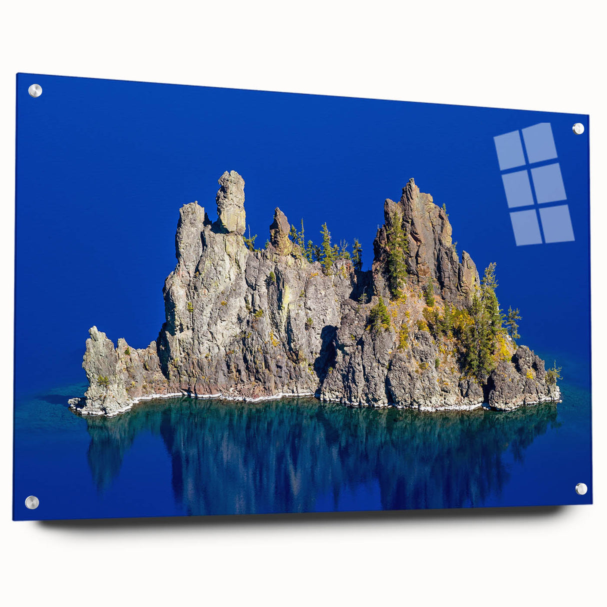 Acrylic print of Crater Lake in Oregon, featuring vivid blue and green tones, suitable for bedroom or dining room decor.