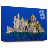 Acrylic print of Crater Lake, Oregon, in muted blue and green tones, suitable for bedroom or dining room wall decor.