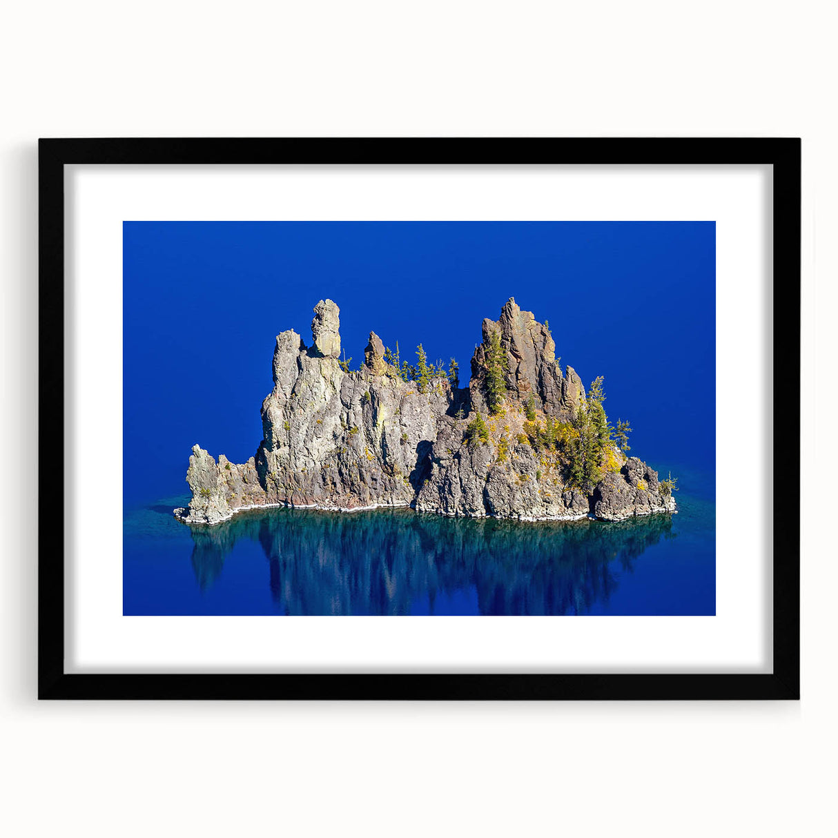 Extra large framed print of Crater Lake with vivid blue and green tones on textured canvas, ideal for living room decor.