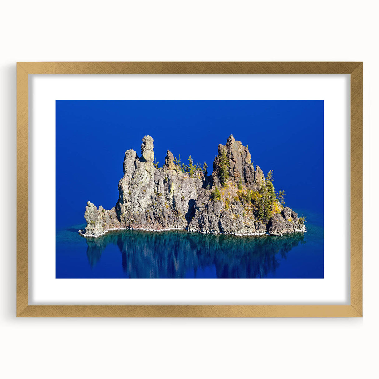 Extra large wall art featuring an abstract depiction of Crater Lake, Oregon, with textured strokes in blue and white.