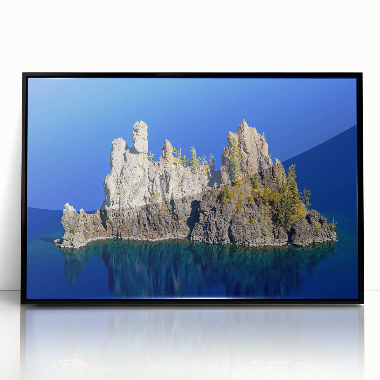 Large abstract wall art of Crater Lake in muted blue tones on framed acrylic, ideal for modern living room decor.