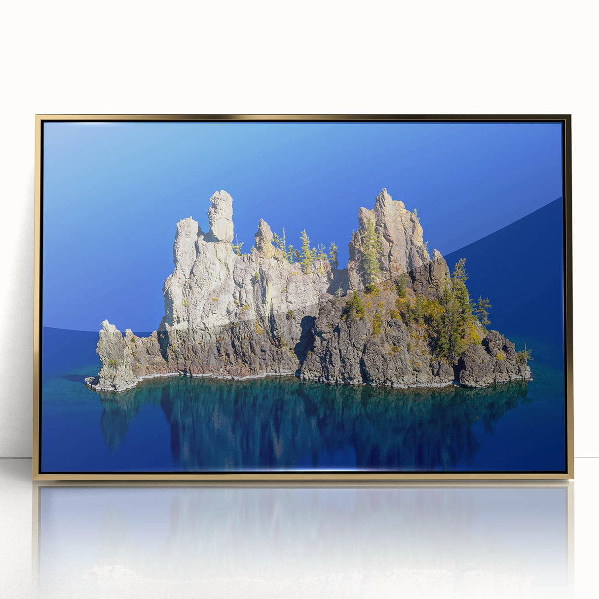 Mid-century modernist art of Crater Lake in vibrant blue tones on a framed acrylic, ideal for modern art wall decor.