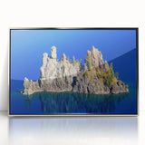 Mid-century modernist art of Crater Lake in Oregon, featuring cool blue and green tones on a framed acrylic print.