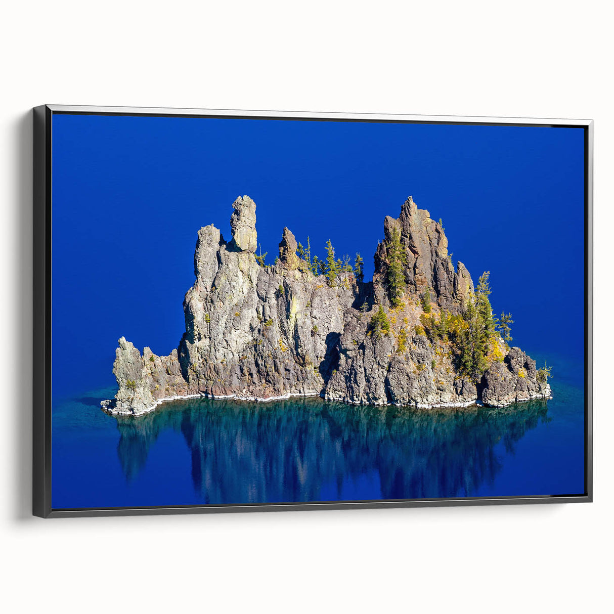 Black and white framed canvas of Crater Lake, Oregon, in a vintage poster style, ideal for bedroom wall decor.