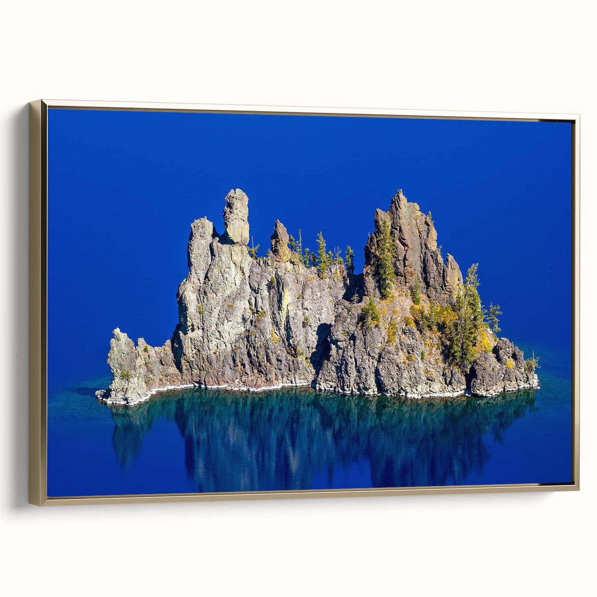Framed canvas depicting Crater Lake in Oregon, utilizing muted blue and green tones, ideal for bedroom wall art.