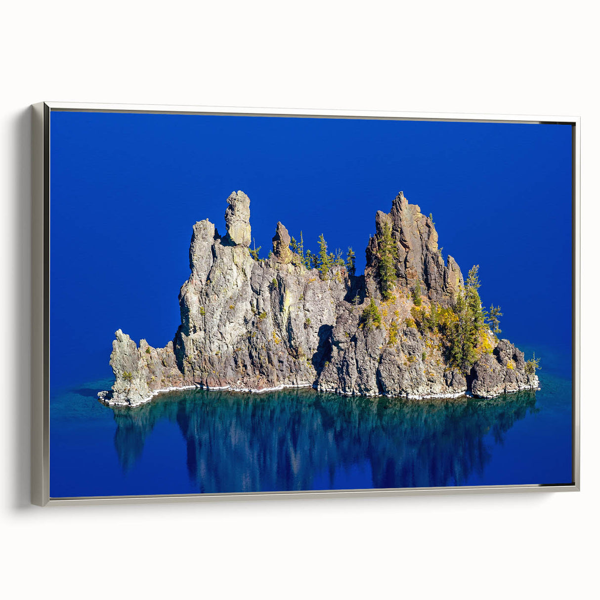 Framed canvas of Crater Lake landscape art painting featuring vibrant blues and greens, ideal for living room decor.