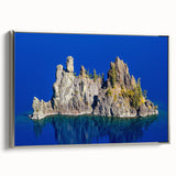 Framed canvas of Crater Lake landscape art painting featuring vibrant blues and greens, ideal for living room decor.