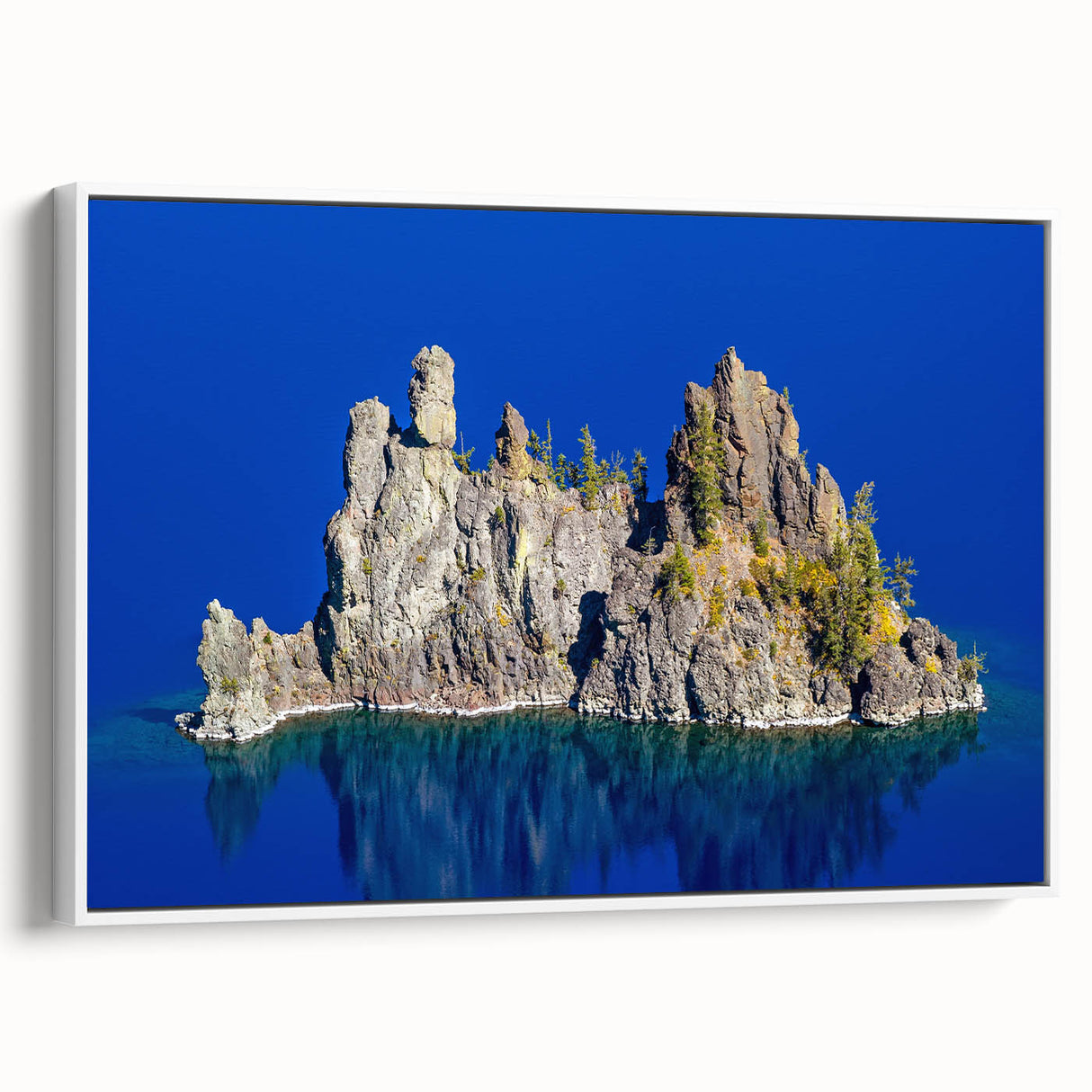 Vintage poster art of Crater Lake, Oregon, in vibrant colors on a framed canvas, ideal for living room decor.
