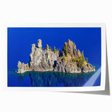 Crater Lake under clear blue skies on a rolled canvas print, suitable as art wall for dining rooms.