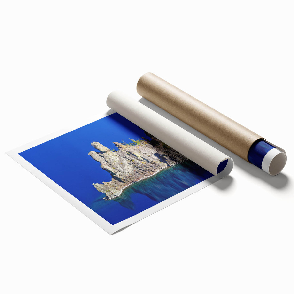 Crater Lake scenic print in blue tones on rolled canvas, suitable as classy bathroom wall art.