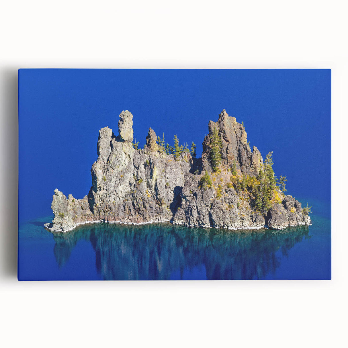 Black and white wall art of Crater Lake, Oregon on stretched canvas, suitable for kitchen art.