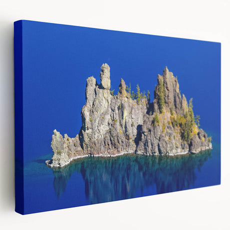 Crater Lake, Oregon, depicted in cool blue and white tones on a large stretched canvas, ideal for kitchen wall art.