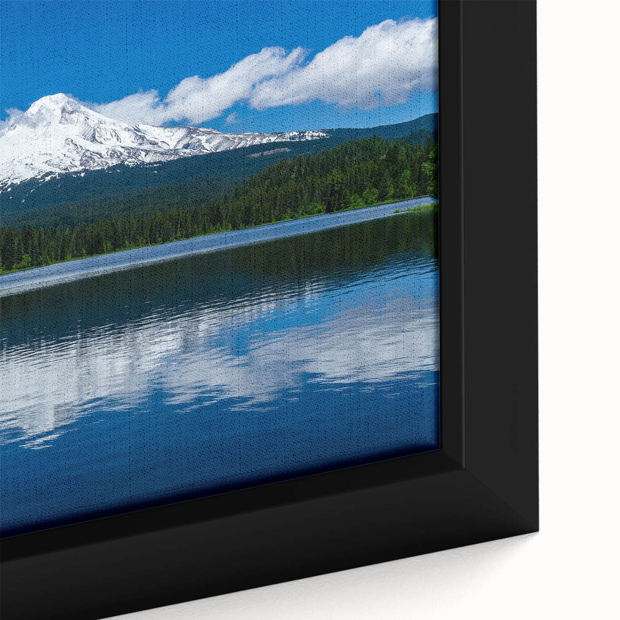 Close-up of a textured, extra-large framed canvas depicting Mount Hood in Oregon with a black and colorful art palette.