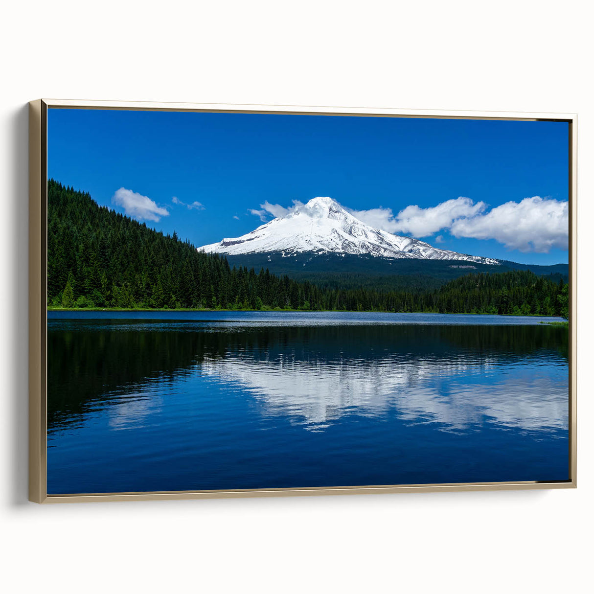 Framed canvas of Mount Hood, Oregon, with muted green and gold tones, ideal for bedroom wall art.
