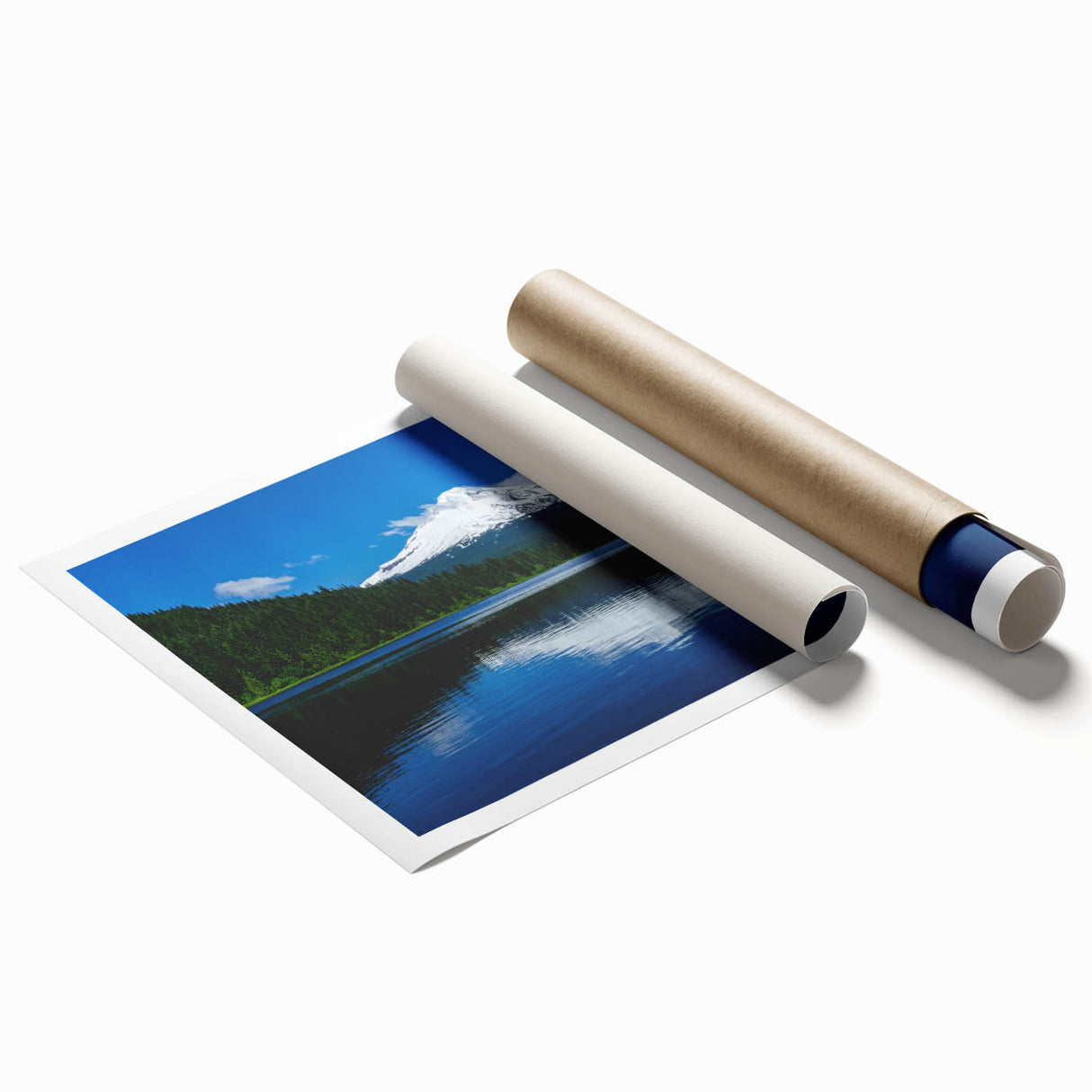 Extra large rolled print of Mount Hood with muted green and blue tones, suitable for classy bathroom wall art.