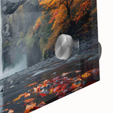 Acrylic print of Multnomah Falls in muted green and blue tones, ideal for dining room art in a mid-century modernist style.