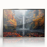 Mid-century modernist art of Multnomah Falls in Oregon on a framed acrylic, featuring muted green and silver tones.