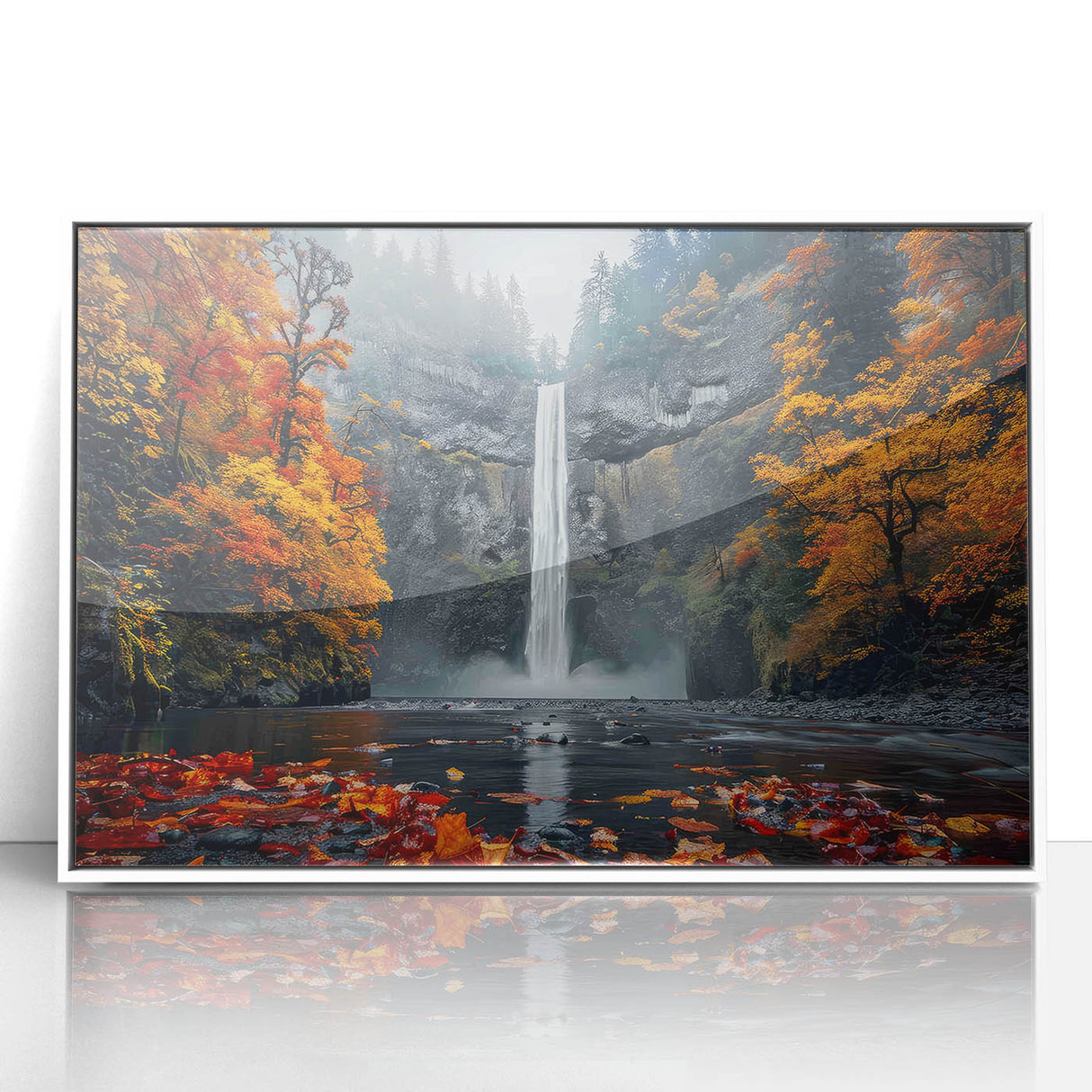 Acrylic print of Multnomah Falls in Oregon, featuring art deco style with muted green and blue tones.