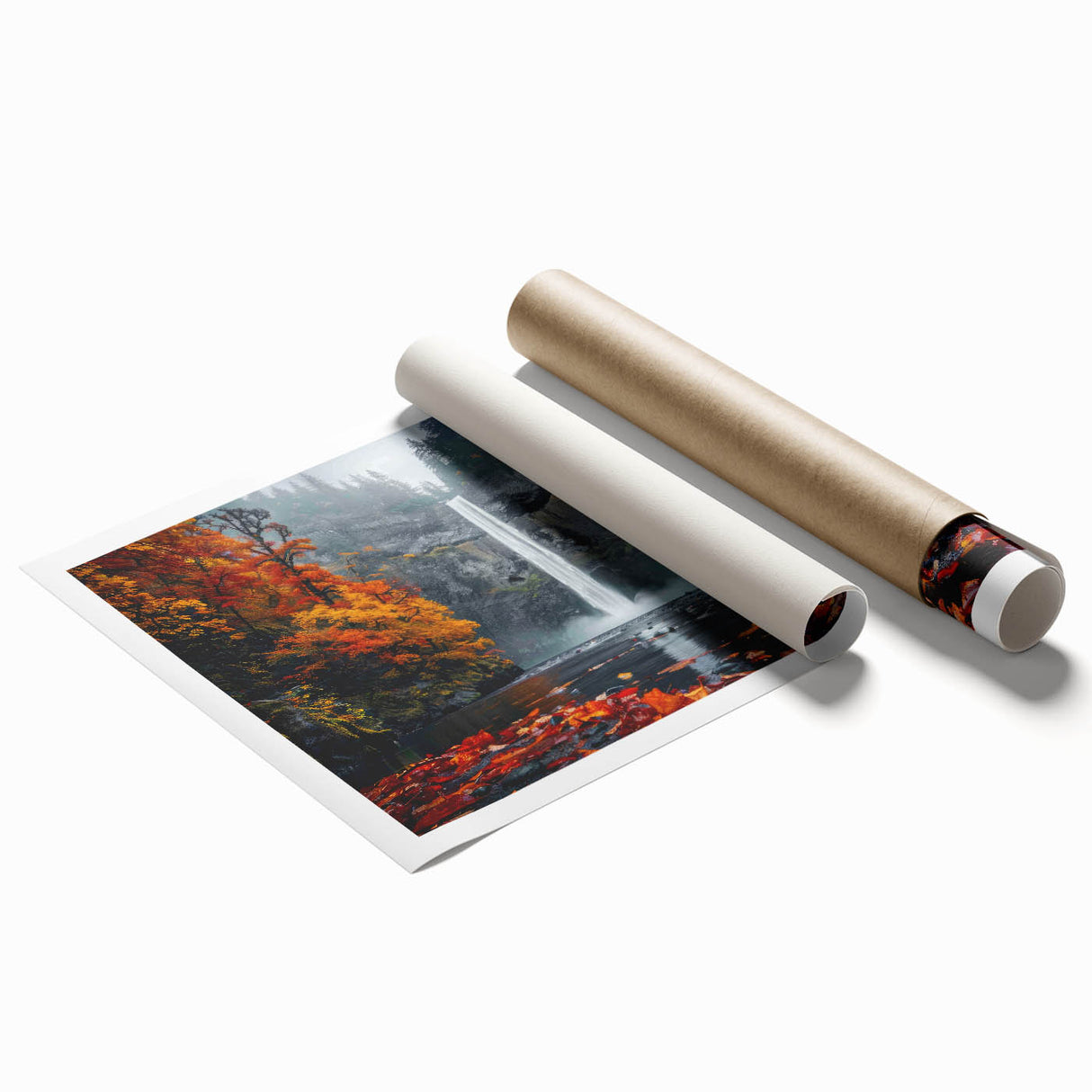 Extra large rolled print of Multnomah Falls with vibrant green and blue tones.