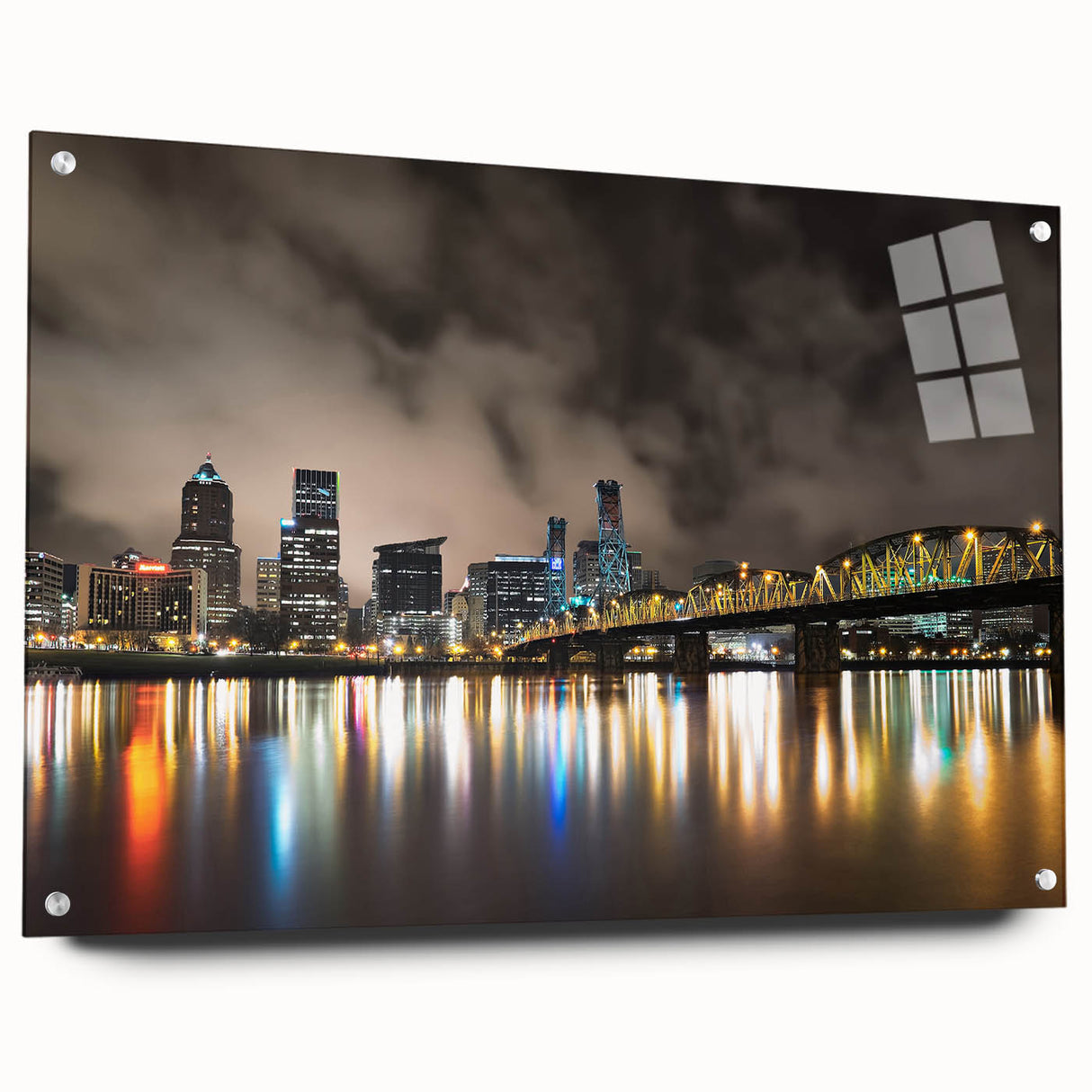 Acrylic print of a large abstract depiction of Portland, Oregon in vibrant blues and greens.