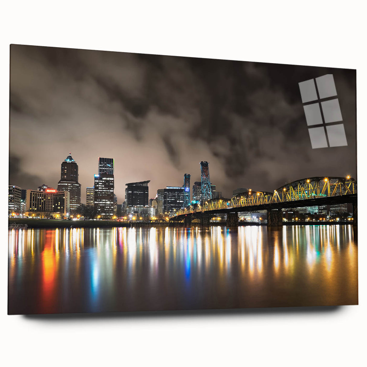 Large abstract wall art of Portland, Oregon, in muted green and blue tones on acrylic glass.