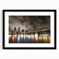 Extra large abstract art print of a colorful, textured Portland landscape on a black-framed canvas.
