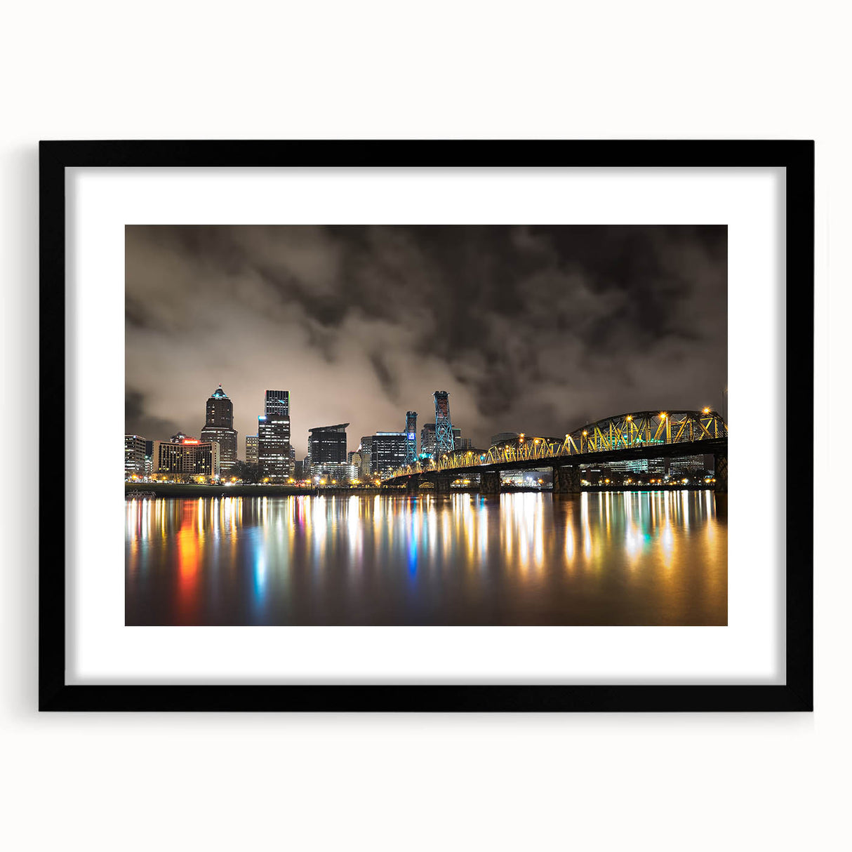 Extra large abstract art print of a colorful, textured Portland landscape on a black-framed canvas.