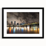 Extra large abstract art print of a colorful, textured Portland landscape on a black-framed canvas.