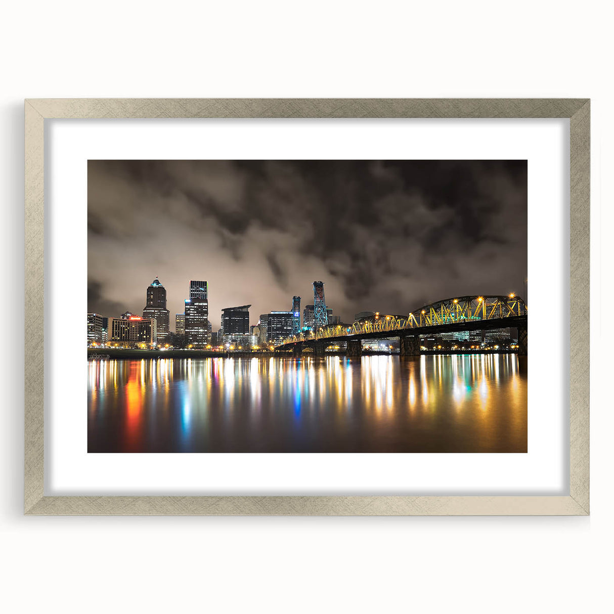Abstract textured art print of Portland, Oregon in muted earth tones on a framed silver mat, ideal for bedroom decor.