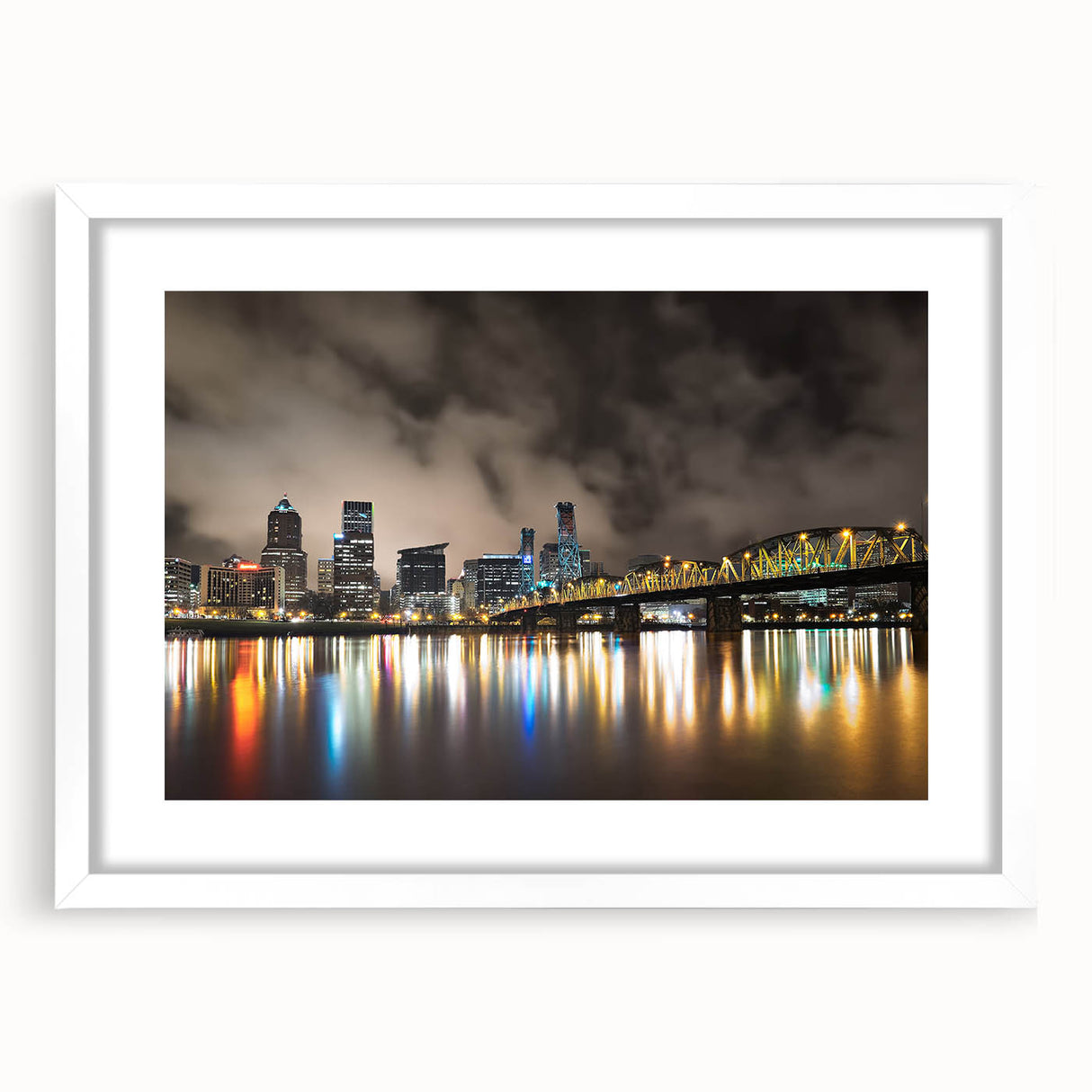 Abstract art print of Portland, Oregon in muted blue and green tones on a framed white mat, ideal for dining room decor.